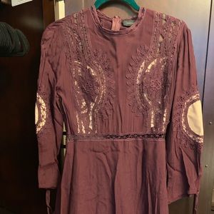 Burgundy & Tan mesh & lace quarter sleeve dress.